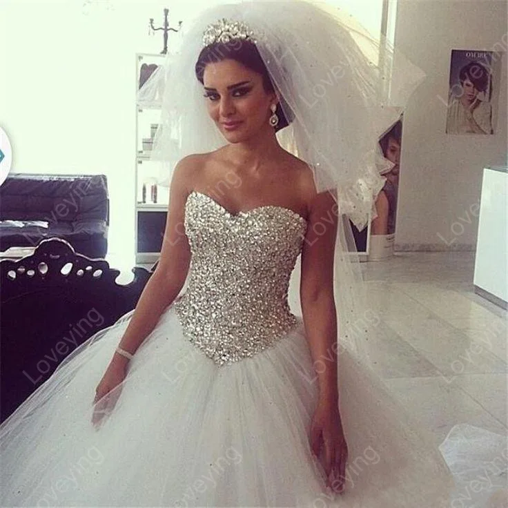 

Classic Sweetheart Ballgown Wedding Dresses with Crystals and Beading Sweep Train Tulle Puffy Skirt Bridal Gowns