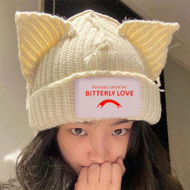 

Cute Cat Ear Knitted Wool Hat Women Fashion Hooded Cap Beanies Winter Warm Pig Ear Woolen Hats Design Kpop Personality Bonnet