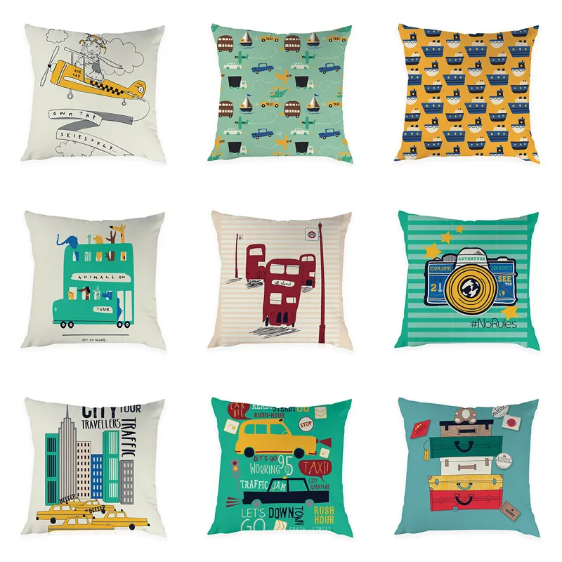 

Cartoon Pattern Cushion Cover Peach Skin Decorative Pillow Covers City Car Boat Living Room Decor for Sofa 45*45cm
