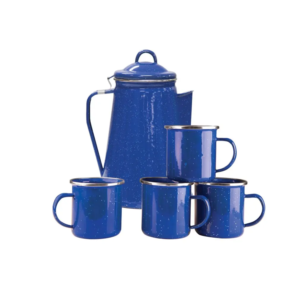 

Enamel 8 Cup Coffee Pot With Percolator And 4 12 Ounce Mugs