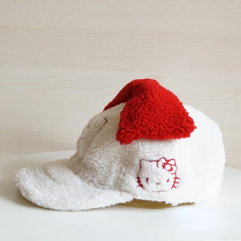 

Anime Peripheral Kawaii New Hello Kitty Embroidered Peaked Cap Cute Plush Baseball Cap Lambswool Red Bow Parent-Child Winter Hat