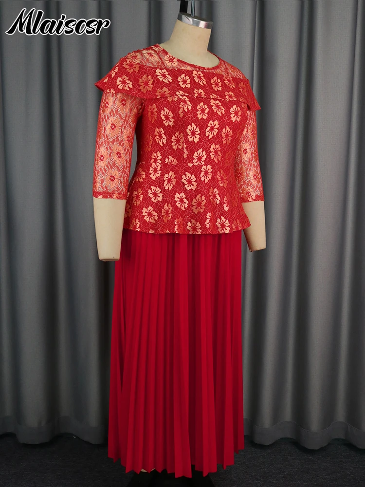 Mlaiscsr Новое Красное Кружевное лоскутное платье с принтом плиссированное