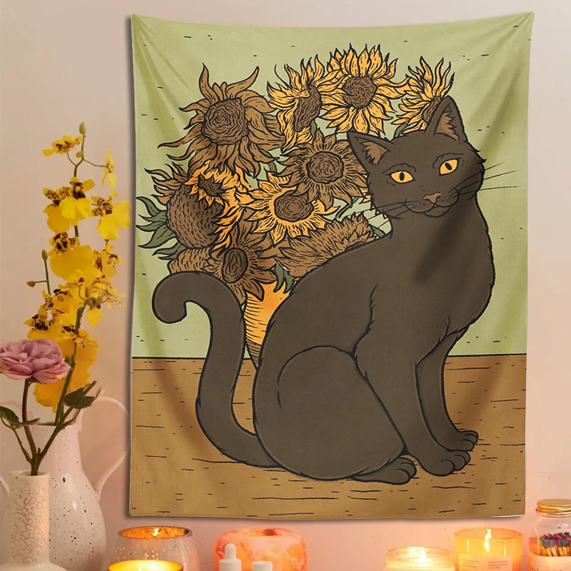 

Cat and Sunflowers Tapestry Wall Hanging vintage Witchcraft divination Moon phase Bohemian Art Wall home dorm Room Decor Mat