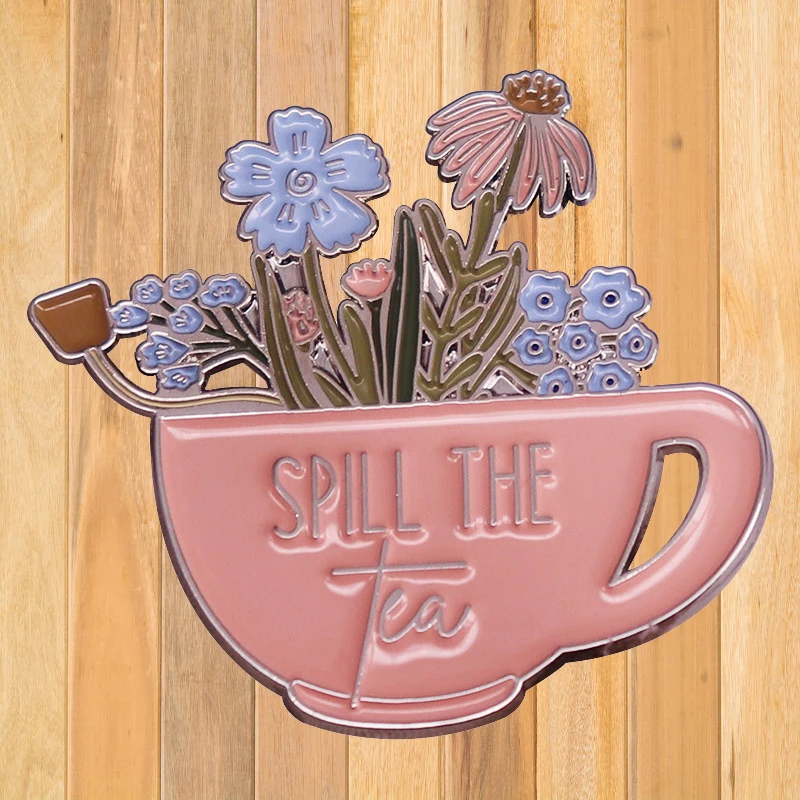 

A1140 Spill the tea Fashion Cartoon Enamel Pins Pastel flowers and teacup Brooch Denim Jackets Badge Brooches for Women Jewelry