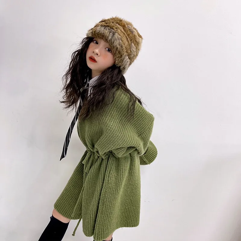 

Girls 2022 Spring New Children's Wear Sweater Round Neck Long Sleeve Knit Wide Leg Jumpsuit Shorts