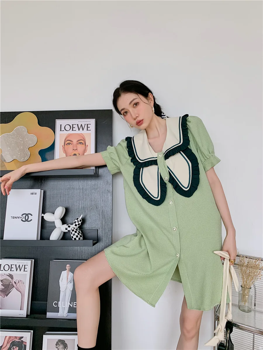 

ZCSMLL Green Puff Sleeve Korean Fashon Shirt Dress Women Short Sleeve Button Up Ruffles Collared Desinger Dress Summer 2022
