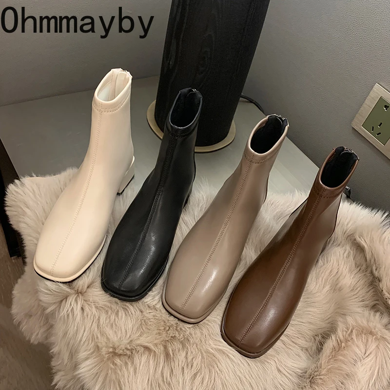 

2022 New Autumn Women Ankle Boots Fashion Square High Heel Lades Elegant Short Booties High Quality Female Chelsea Boot