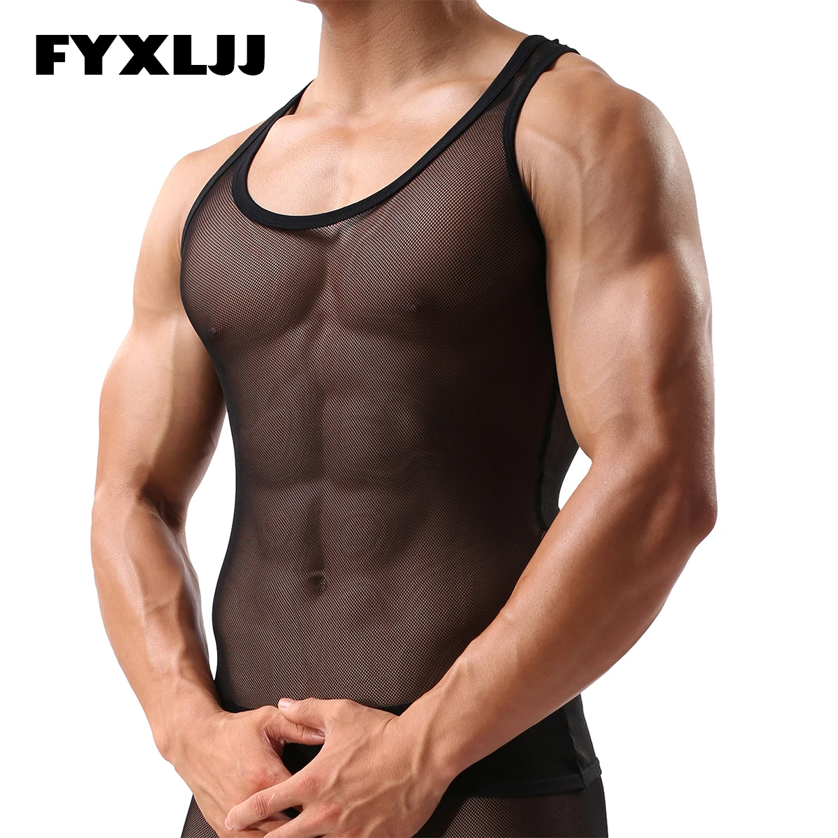 

FYXLJJ See Through Mens Mesh Tanks Top Sexy Fishnet Sleeveless Tank Top Male Perspective Transparent Muscle Top Bodybuilding Tee