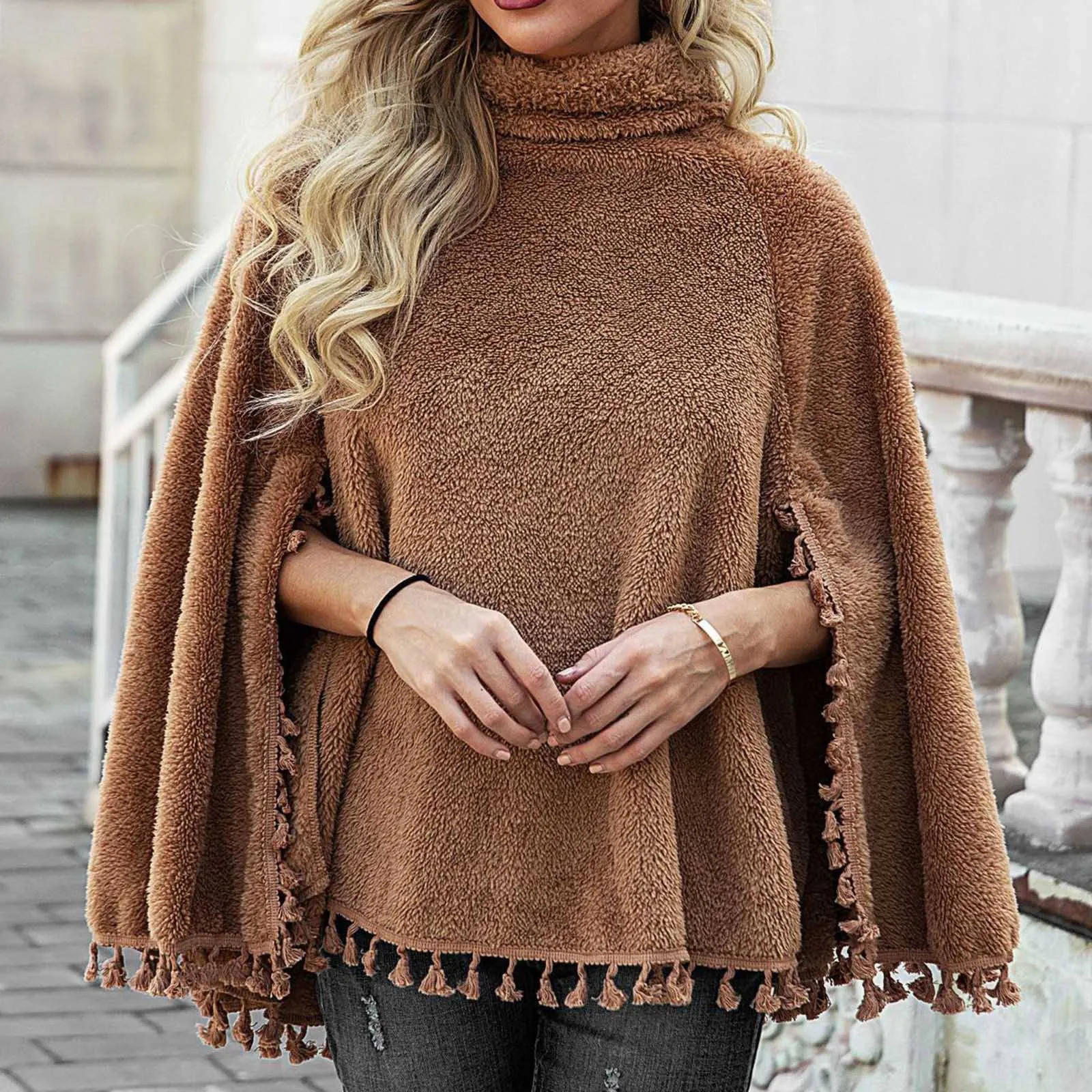 Модная плюшевая накидка цвета хаки Женская осенне-зимняя теплая пончо шикарная