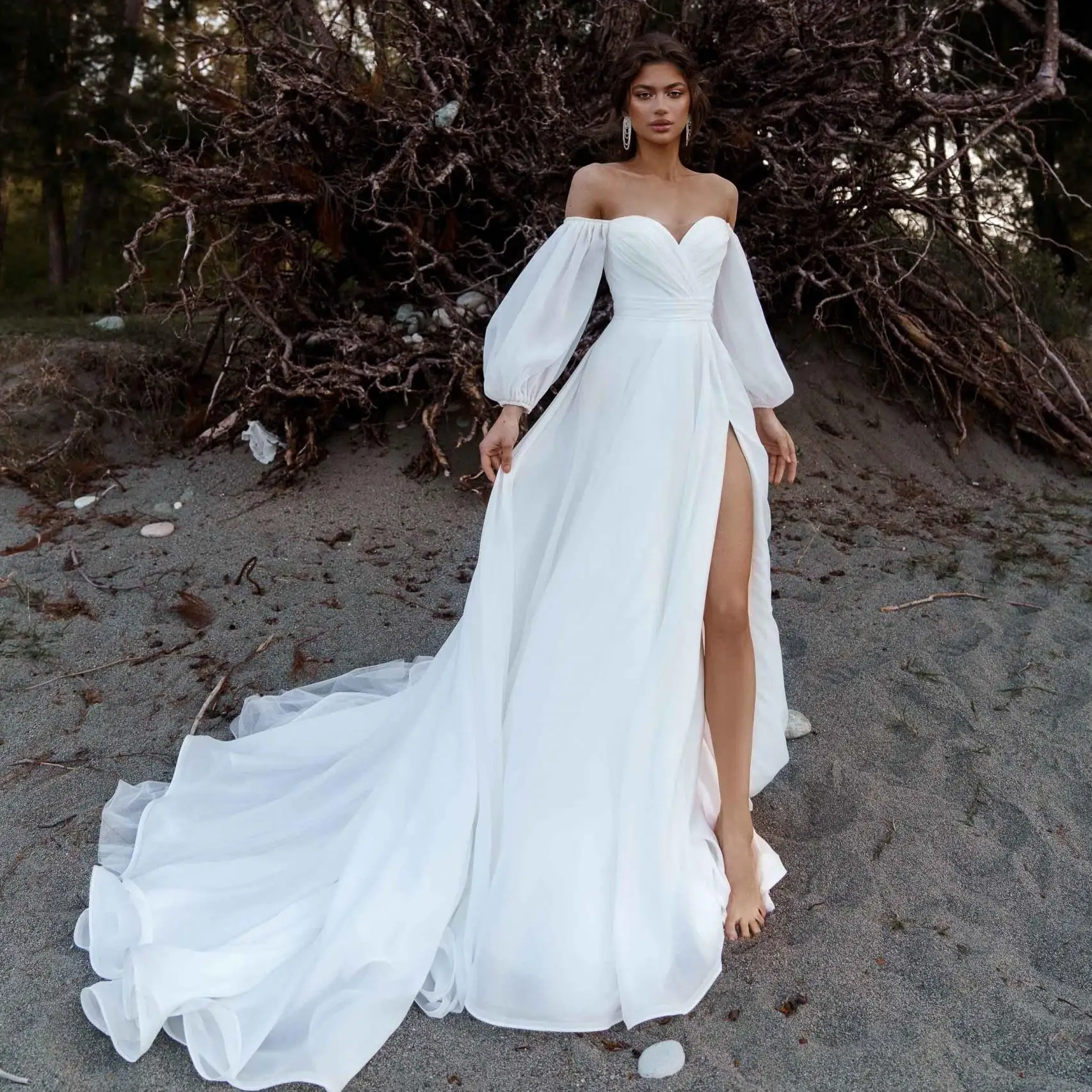 

Boho Wedding Dresses for Bride Long Sleeve Beach Robe de Mariage High Split Sexy Simple vestido de novia