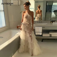 new design tiered tulle party dress prom gowns for women fashion halter backless layered tulle dresses customized gala wear 2022