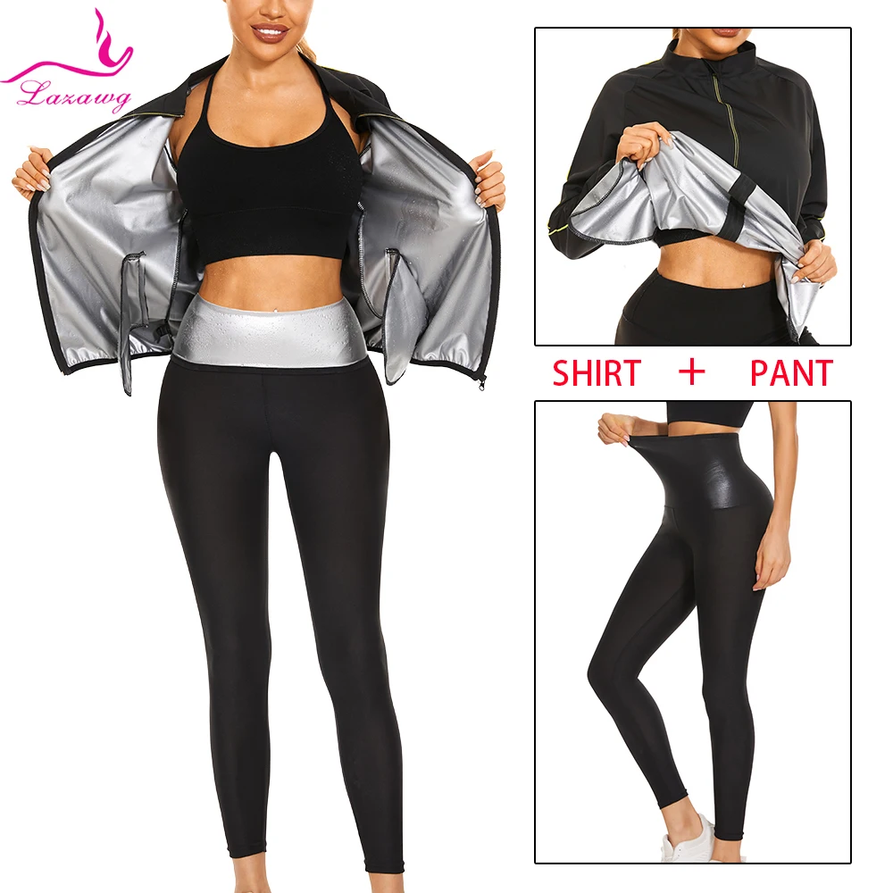 

LAZAWG Women Sauna Suit Sweat Set Weight Loss Pant Jacket Slimming Top Workout Leggings Trousers Body Shaper Fitness Fat Burner