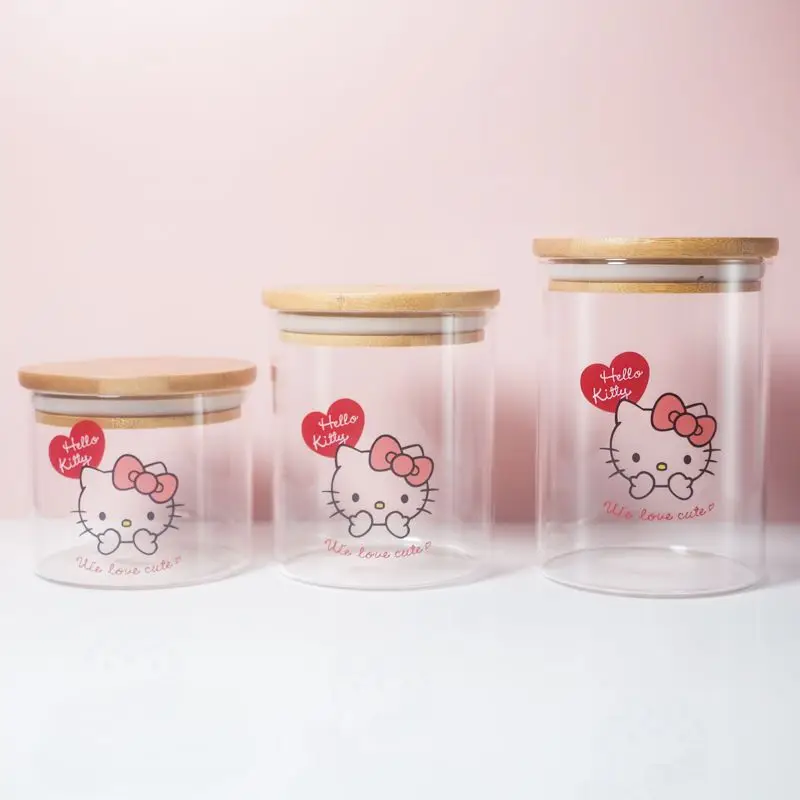 

Kawaii Sanriod Anime Hobby Kitty Glass Sealed Jar Bamboo Lid Candy Jar Multigrain Dried Fruit Jar Tea Jar Storage
