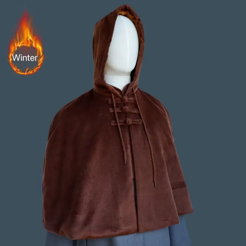 Зимний короткий плащ для медитации буддизма монаха со шляпой утепленный