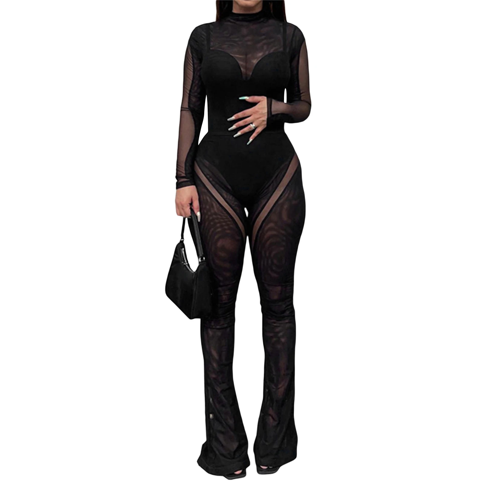 

Женское прозрачное Сетчатое боди с длинным рукавом и расклешенными брюками