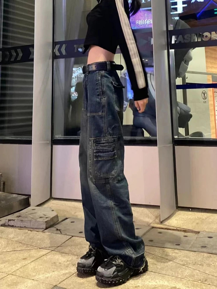 

Blue Vintage Women's Cargo Jeans Autumn New Pocket Classic Mid Waist Straight Denim Pant Simple Casual Y2k Wide Leg Trouser Lady