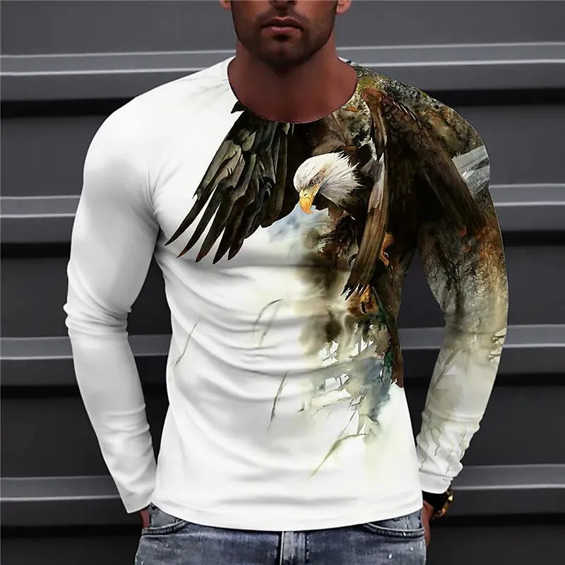 

Men's Eagle Hand-painted Pattern Casual T-Shirts Long Sleeve Streetwear 3D Animal Printing Hip Hop Male Tops Tee Plus Size 6XL
