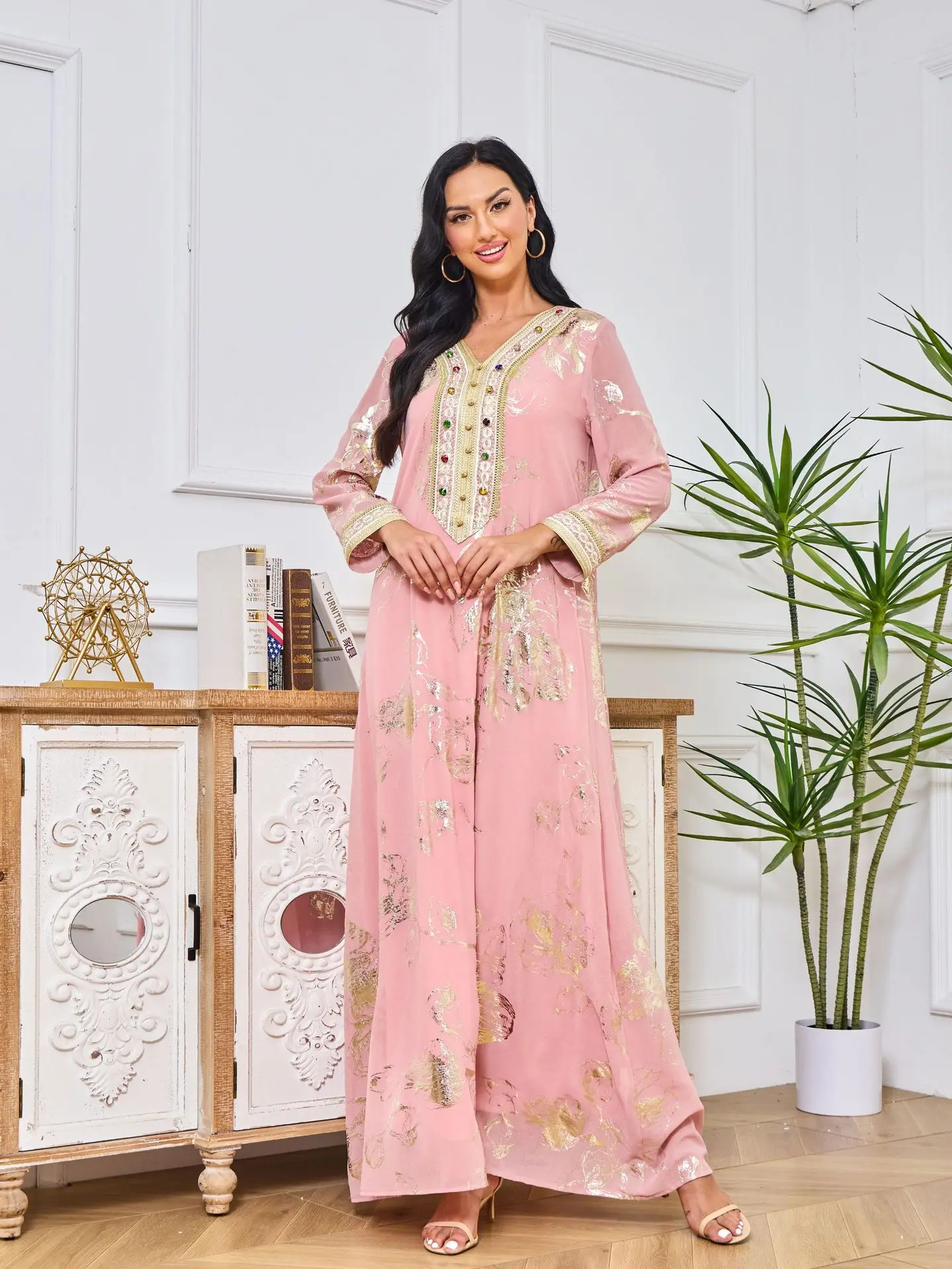 Женское платье с принтом Дубай Abaya розовое бронзовым украшенное стразами