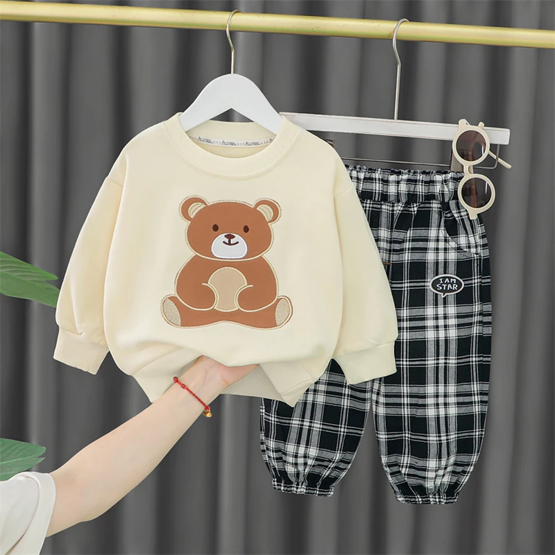 

Kids Cartoon Bear T Shirt Plaid Pants 2022 Autumn Baby Girls Boys Clothing Sets Infant Clothes Outfits Children Sportswear