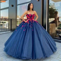 navy blue prom dresses appliqued spaghetti straps ball gown 2022 sleeveless vestido de fiesta women custom made robe de femme