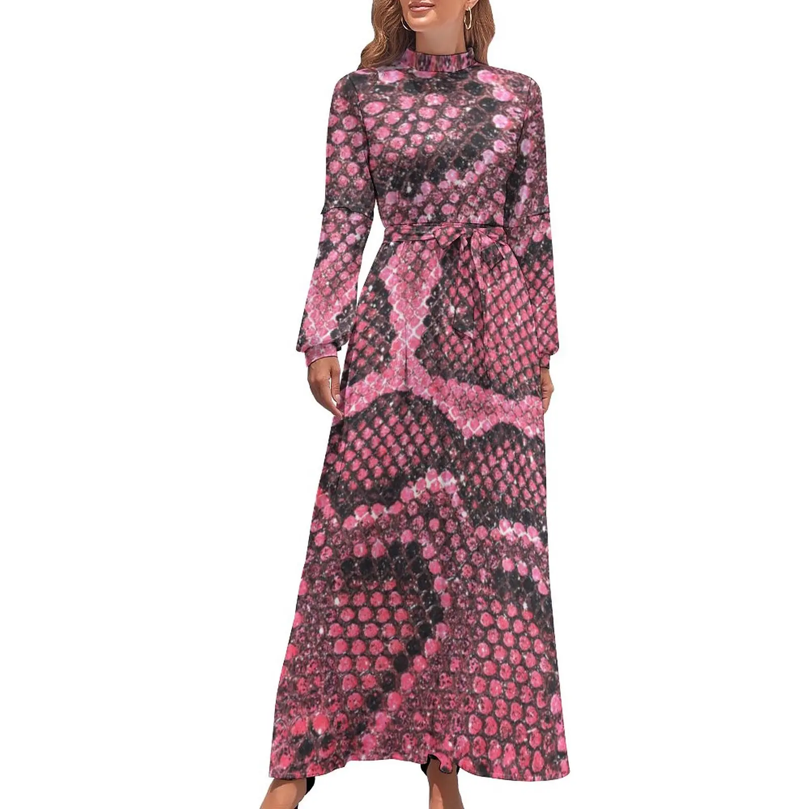 

Snakeskin Print Dress Pink Animal Scales Kawaii Custom Maxi Dress High Waist Long Sleeve Aesthetic Boho Beach Long Dresses
