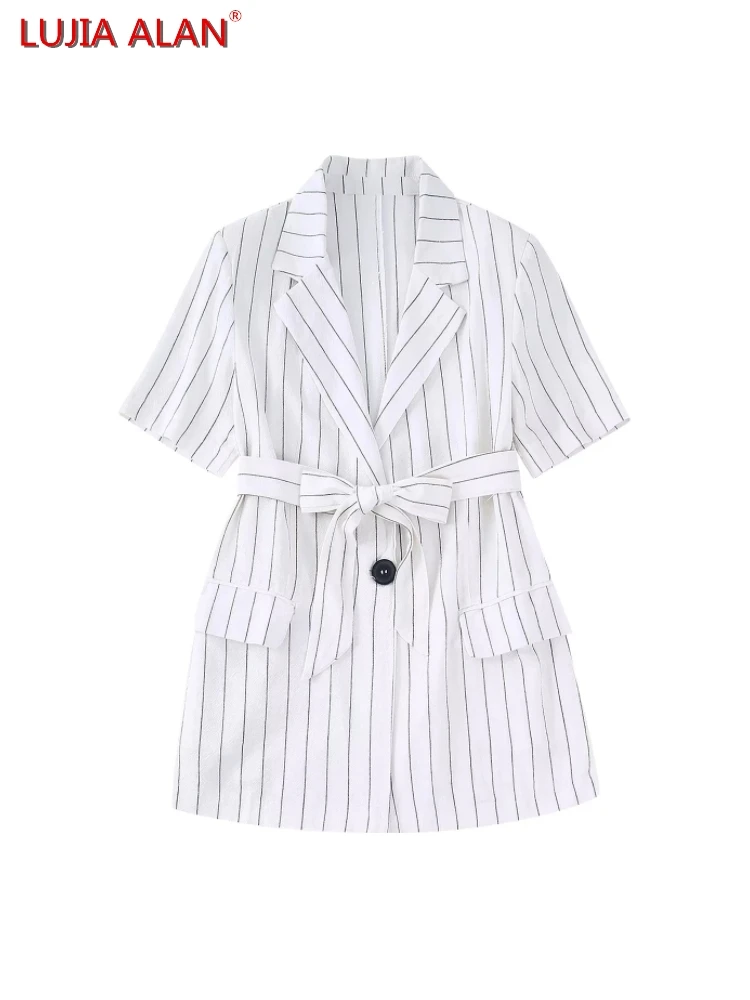 

Fashion Women Belt Short Sleeve Striped Suit Coat Autumn Female Outerwear Loose Tops LUJIA ALAN C1535