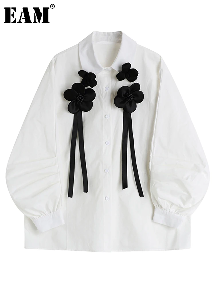 

[EAM] Women White Flower Nailed Big Size Blouse New Lapel Long Sleeve Loose Fit Shirt Fashion Tide Spring Autumn 2022 1DE6471