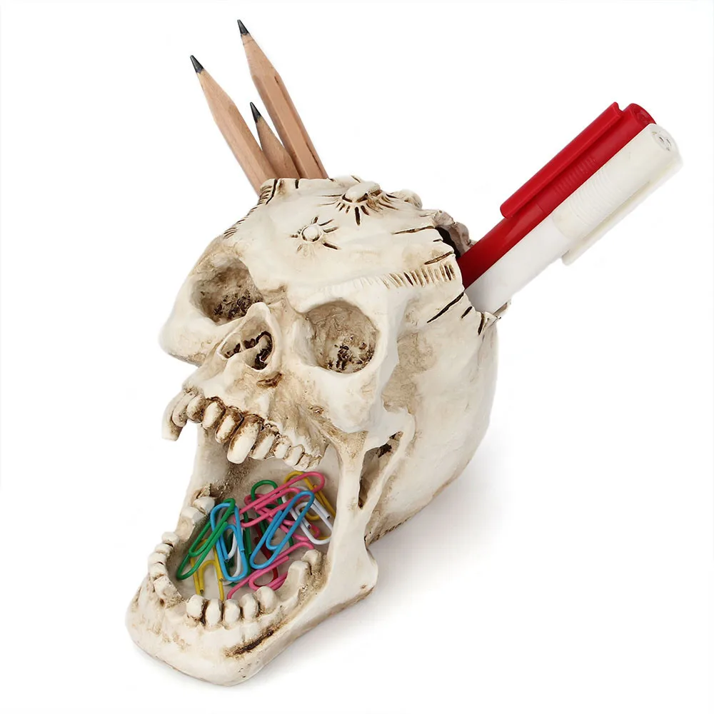 Pen Holder Simulation Skull Statue Decorative  Desktop Pencil Organizer Resin Scary Stationery Organizer Makeup Storage