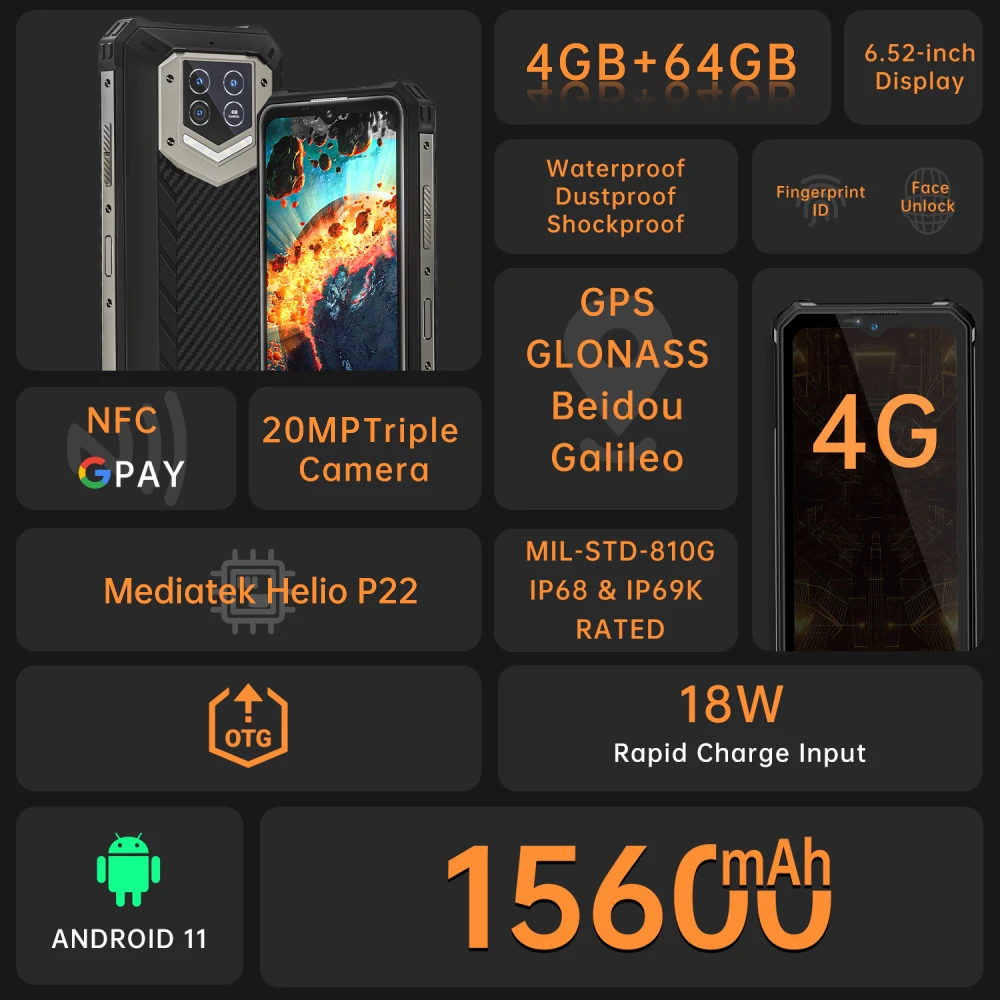 Oukitel WP15S Rugged Smartphone 15600MAH Battery 4GB+64GB 6.517 inch HD+ Mobile Phone 20M+8M Android Cell Phone Global Version