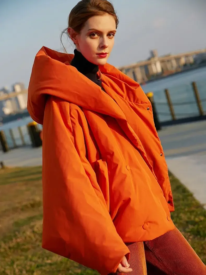 Зимние женские парки модная трендовая свободная пушистая оранжевая красная