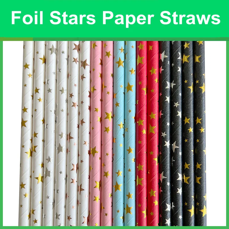 

200 Pcs Metallic Foil Assorted Star Paper Straws-Various Diverse Rose Gold Silver Light Pink Blue Black Red Kids Party Drinking