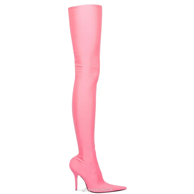 2024Women's Large High-heeled Pointy Dancing Shoes Fashion Slim Knee Length Elastic Boots Sexy Runway Thigh