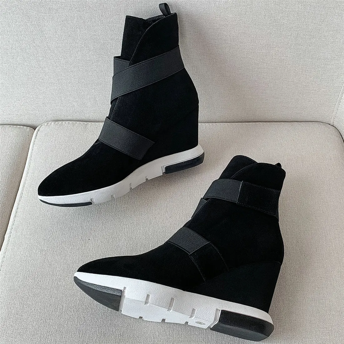 High Top Fashion Sneakers Women Genuine Leather Wedges High Heel Ankle Boots Female Pointed Toe Platform Pumps Shoe Casual Shoes
