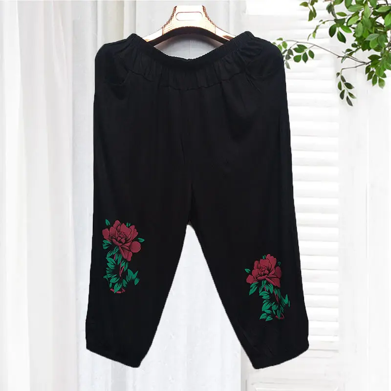 

2022 Summer Middle Aged Women Modal Pants New Printed Cropped Pants Female Large Size Casual Loose Calf Length Trousers P64