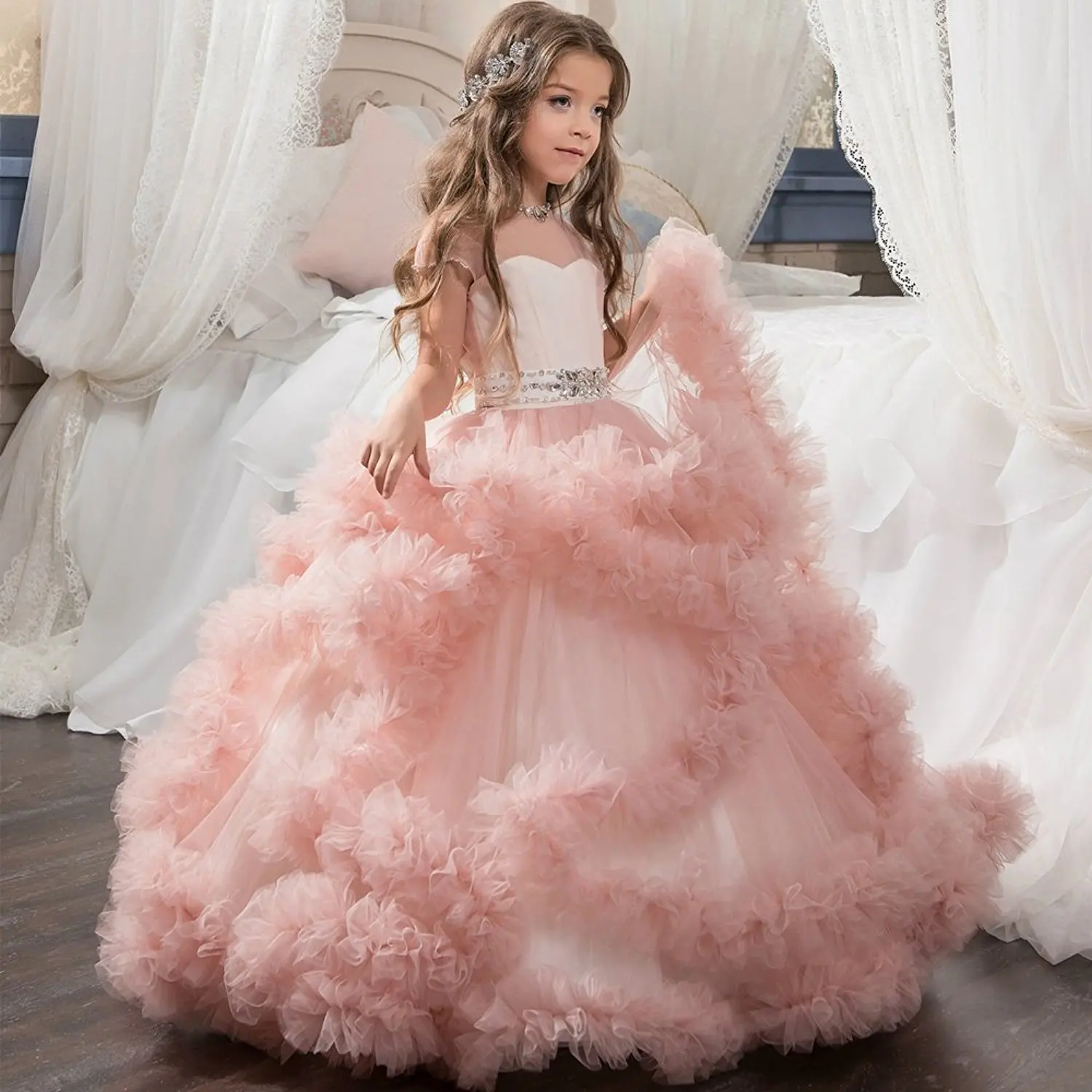 

Cloud Flower Girl Dresses For Weddings Vestidos daminha Kids Pageant Ball Gowns Feathers First Communion Dresses For Girls