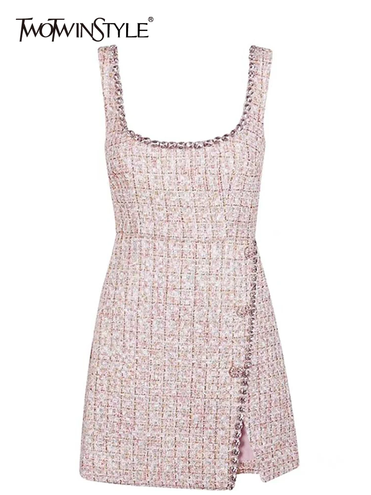 

TWOTWINSTYLE Patchwork Diamonds Split Tweed Dresses For Women Round Neck Sleeveless High Waist Mini Camisole Dress Female New