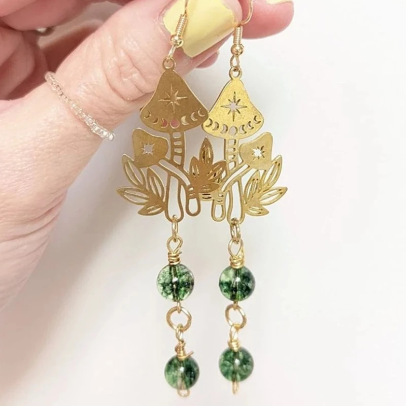 

Fashion Green Phantom Quartz Hollowing Out Mushrooms Pendant Earrings