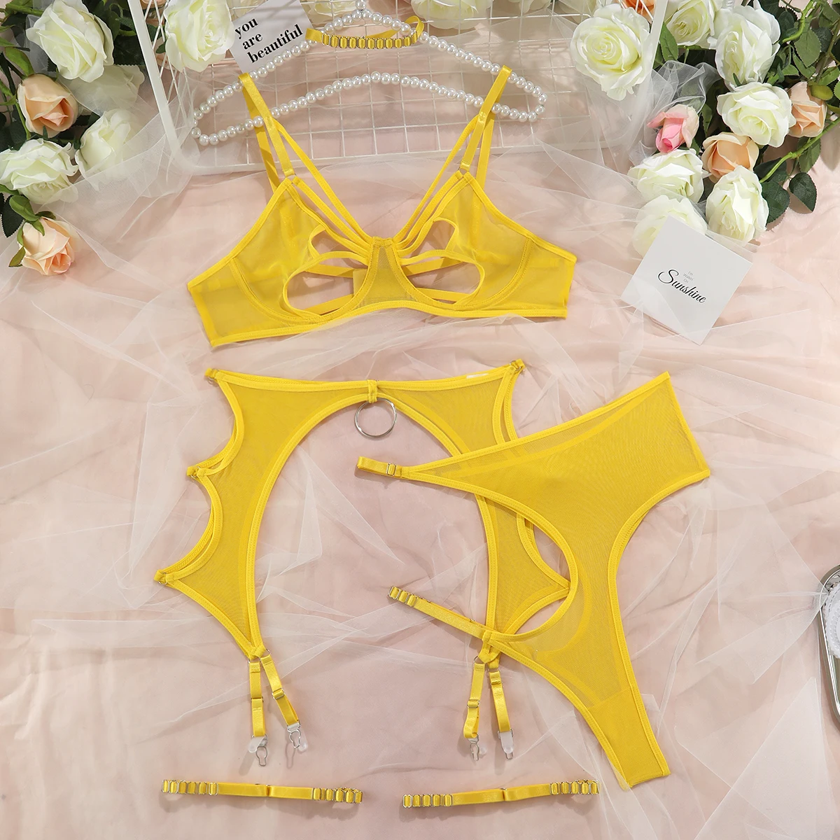 Ellolace Sexy Lingerie Cut Out Bra Erotic Brief Sets 4-Pieces Sensual Fancy Underwear Garters G-Strings Thongs Lace Exotic Set