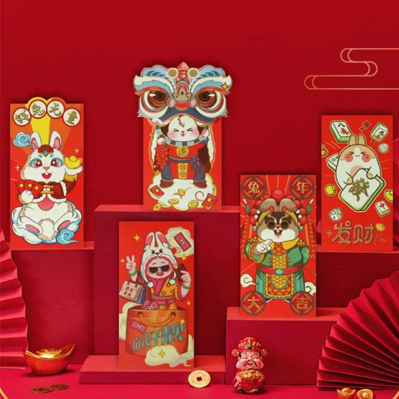 

6pcs 2023 Spring Festival Red Envelope New Year Children Thickened Lucky Money Pocket Creative Carton Rabbit Hongbao Gift Bag
