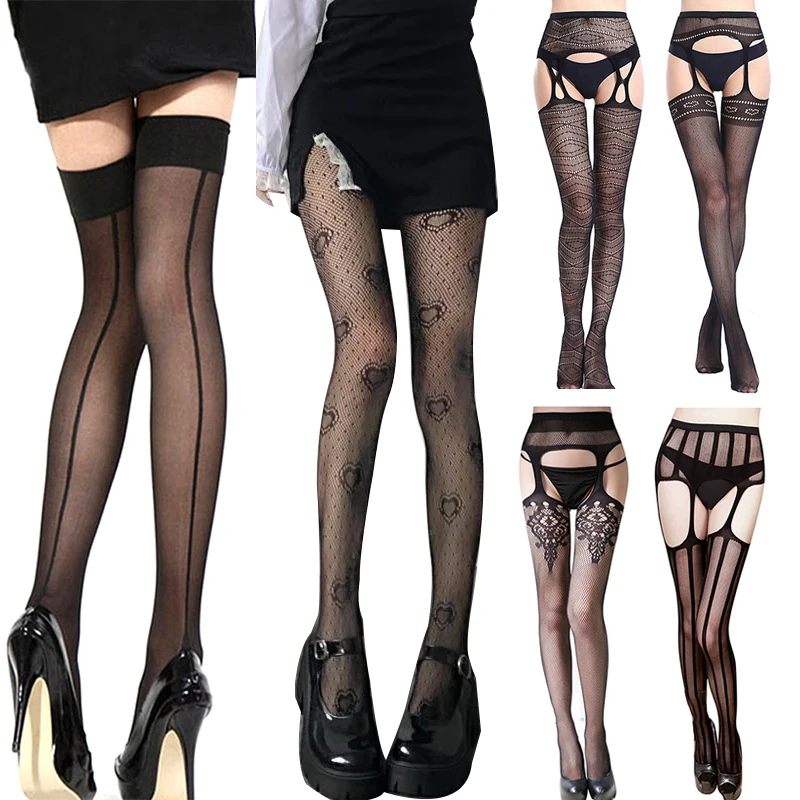 

2Pair Gothic Stockings Women Summer Sexy Lace Elastic Seamed With Back Seam Transparent Silk Fishnets Thigh High Nylon Stocking