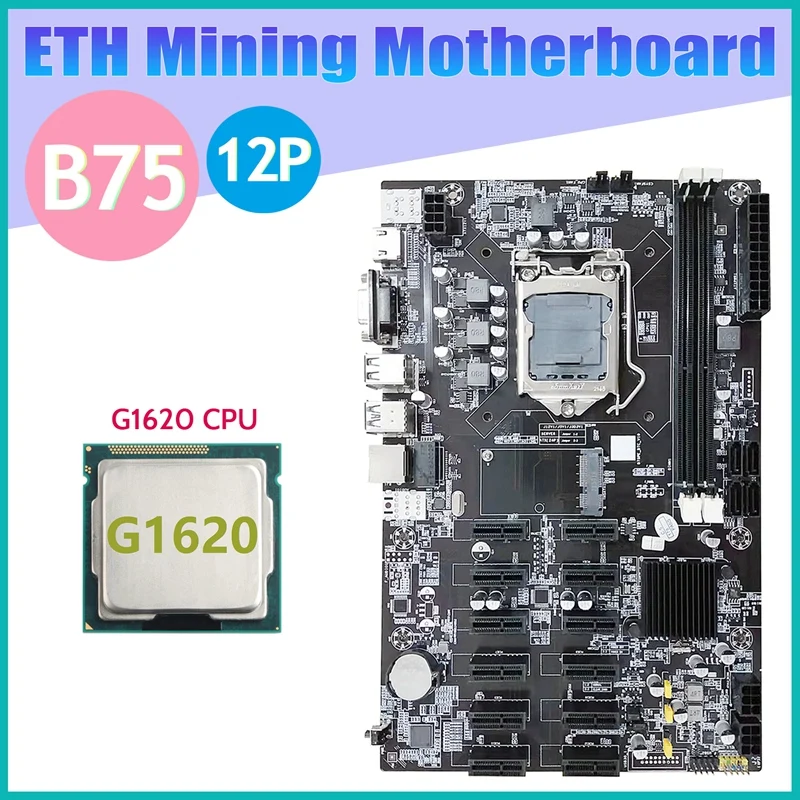 B75 12 PCIE ETH Mining Motherboard+G1620 CPU LGA1155 MSATA USB3.0 SATA3.0 Support DDR3 RAM B75 BTC Miner Motherboard