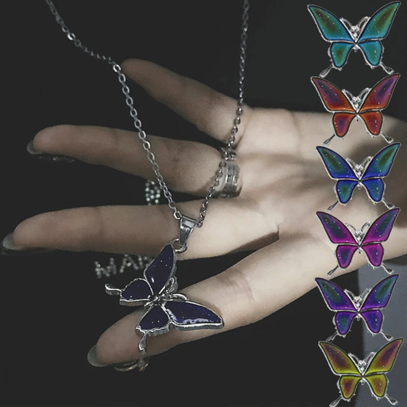 

Mood Necklaces Butterfly Heart Pendant Necklace Temperature Control Color Change Necklaces Stainless Steel Chain Jewellery Women