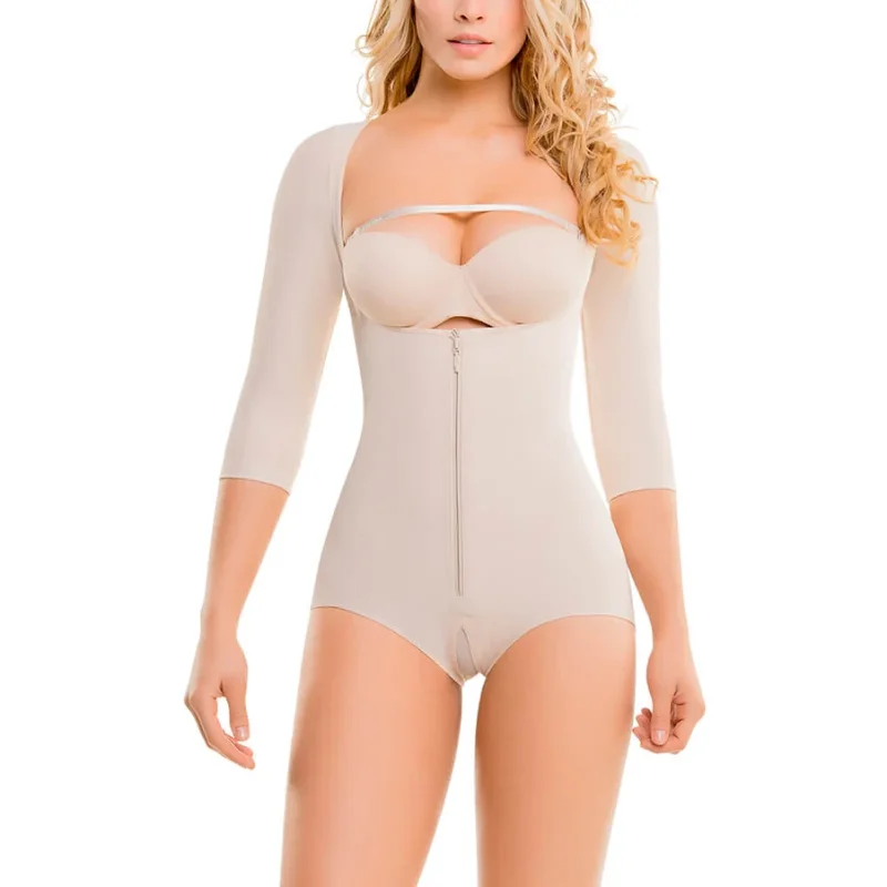 

Half-Sleeves Butt Lifting Shaping Bodysuit Zipper Open Crotch Compression Garment For Women Triangular Culotte Gainante
