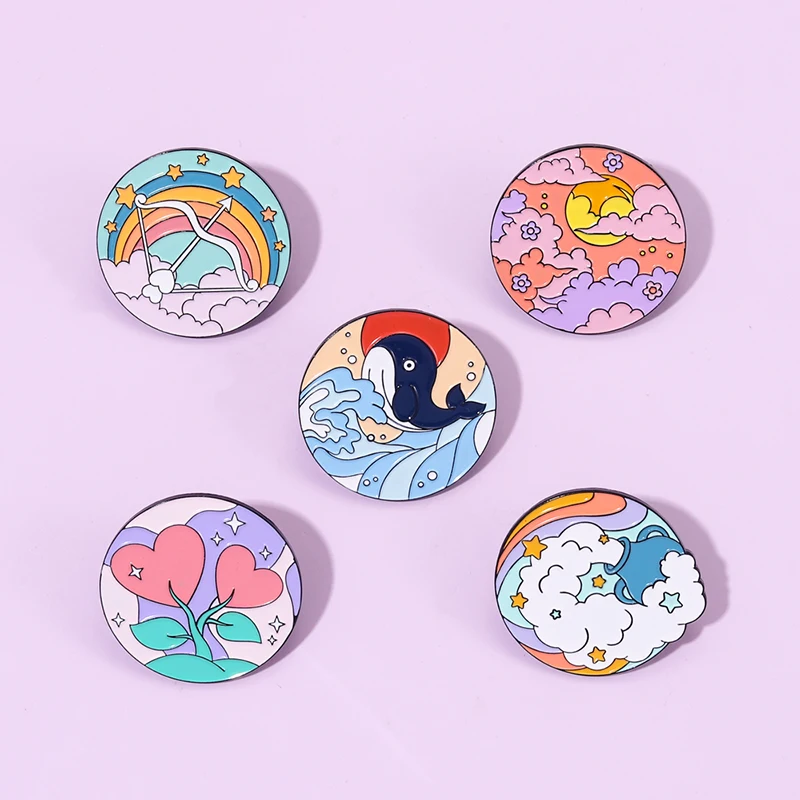 

Round Enamel Pin Ocean Clouds Flowers Waves Lapel Badge Brooch for Clothes Backpack Jewelry Pin Accessories for Friends Gifts