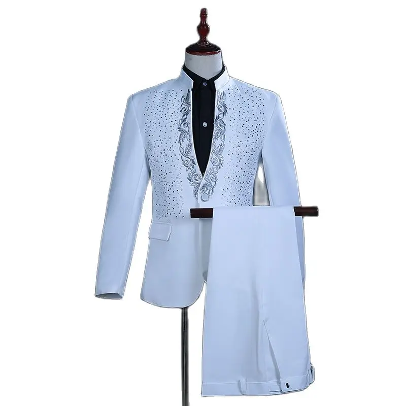 

Мужской костюм из двух предметов, роскошный костюм с вышивкой и бриллиантами, мужской костюм с воротником-стойкой, пиджаком и брюками на одной пуговице, одежда для сценической певицы