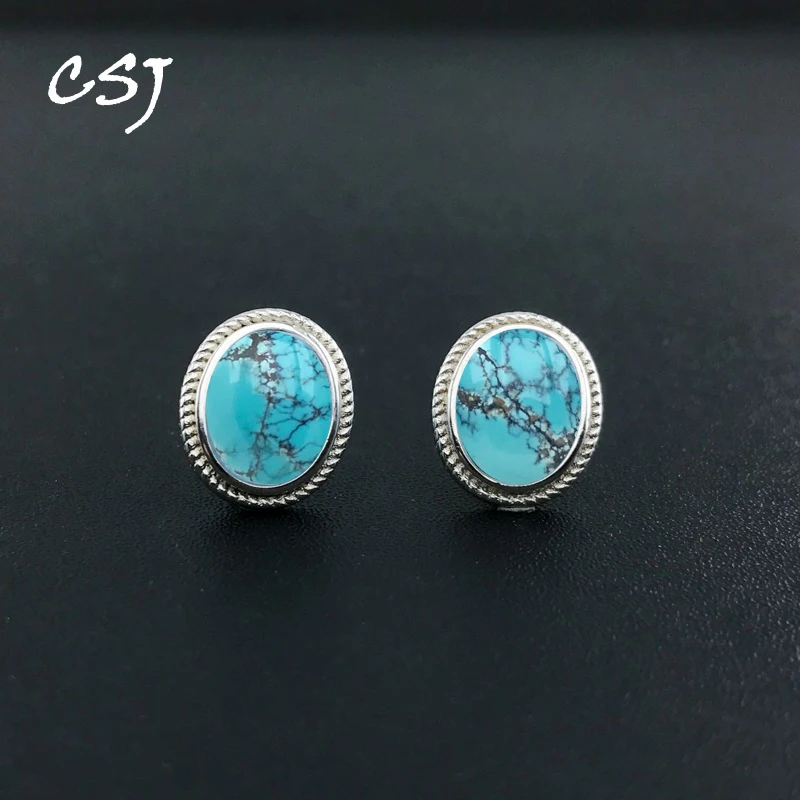 

CSJ Natural Turquoise Earring Sterling 925 Silver Lapis Moonstone Opal Charoite Gemstone Oval 8*10mm for Women Birthday Gift