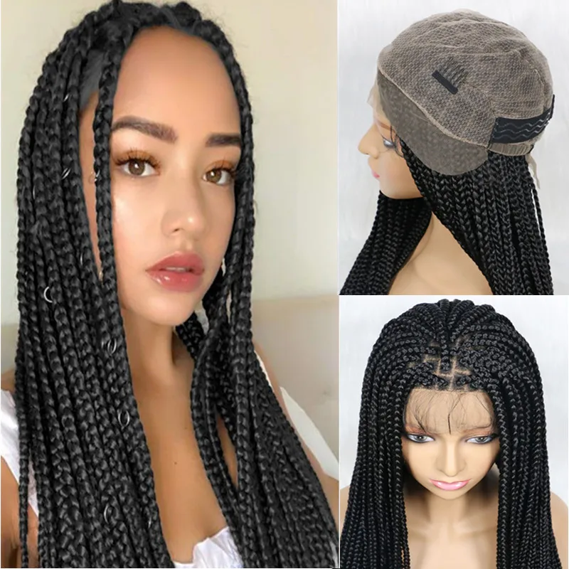 

30-34inch Full Lace Front Natural For Black Hand Braided Wigs With Baby Hair Box Braided Wigs Swiss Lace Frontal Wig Black Women