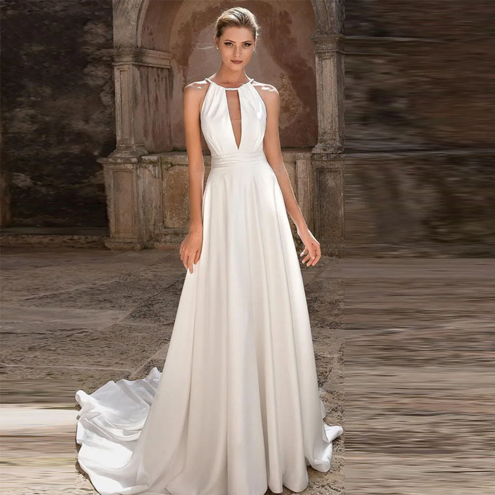 

Womens Long Wedding Dress Halter Backless Sleeveless Satin Sweep Train Formal Evenign Party Bridal Gown