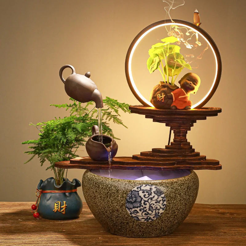 

Hanging fortune and flowing water ornaments Atomization view smoke circulating water device ceramic fish tank decoration