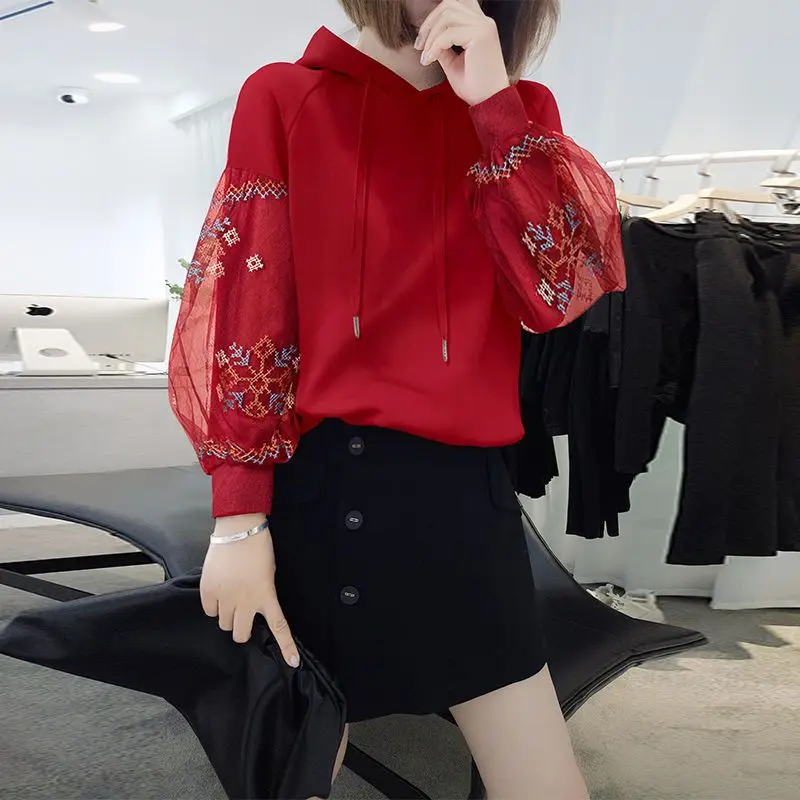 

European station lantern sleeve printed hooded sweater women 2023 spring new European hoodies long sleeve loose fashion hoodies